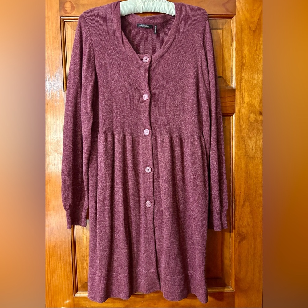 Daisy Fuentes Long Sleeve Cardigan Dress in Burgundy